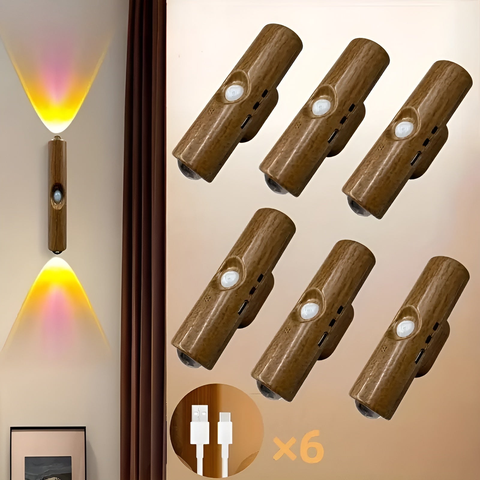 Led-nattlys Med Bevegelsessensor (6-pk) – Dimmbar & Rgb | Usb-lading, 3 Lysfarger, Perfekt For Gang, Trapp Og Stue