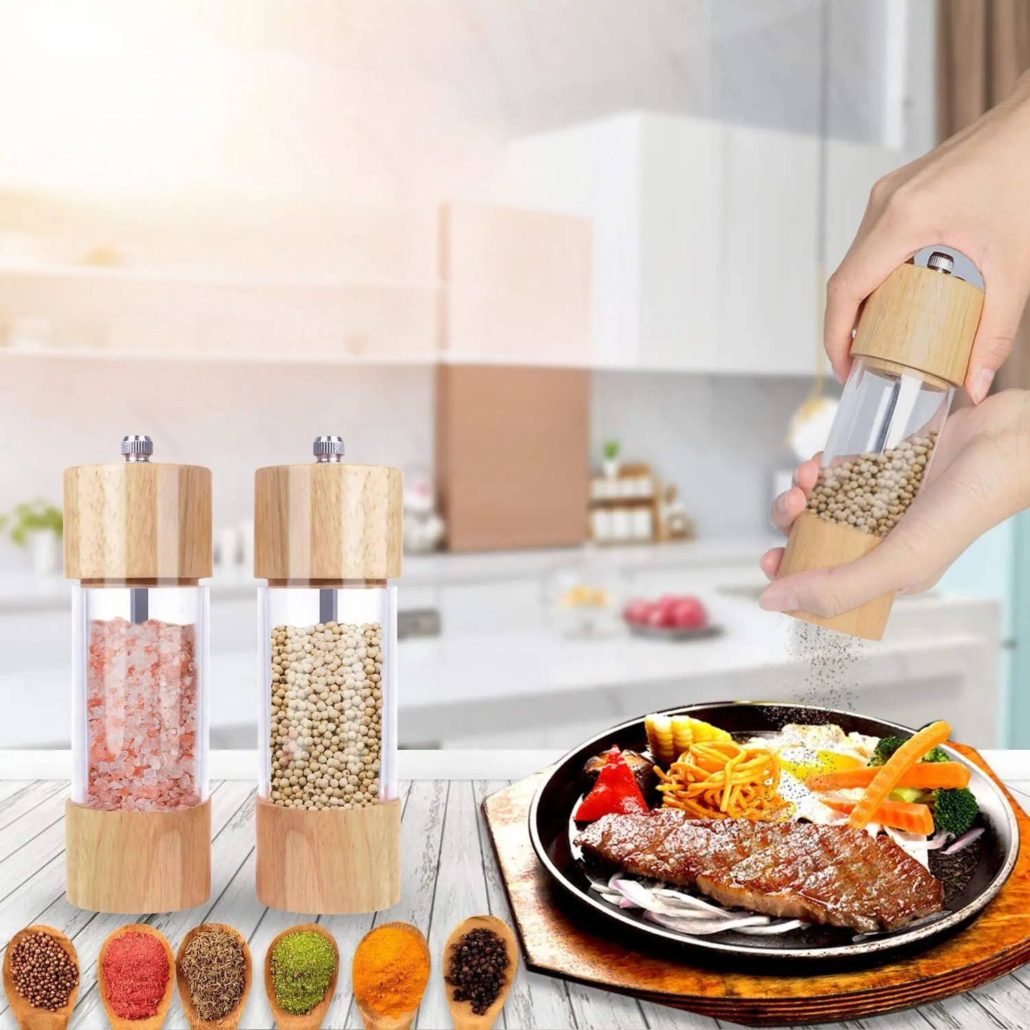 Krydderkvern i Tre – Justerbar for Salt og Pepper | 2-pakning med Akrylvindu og Børste