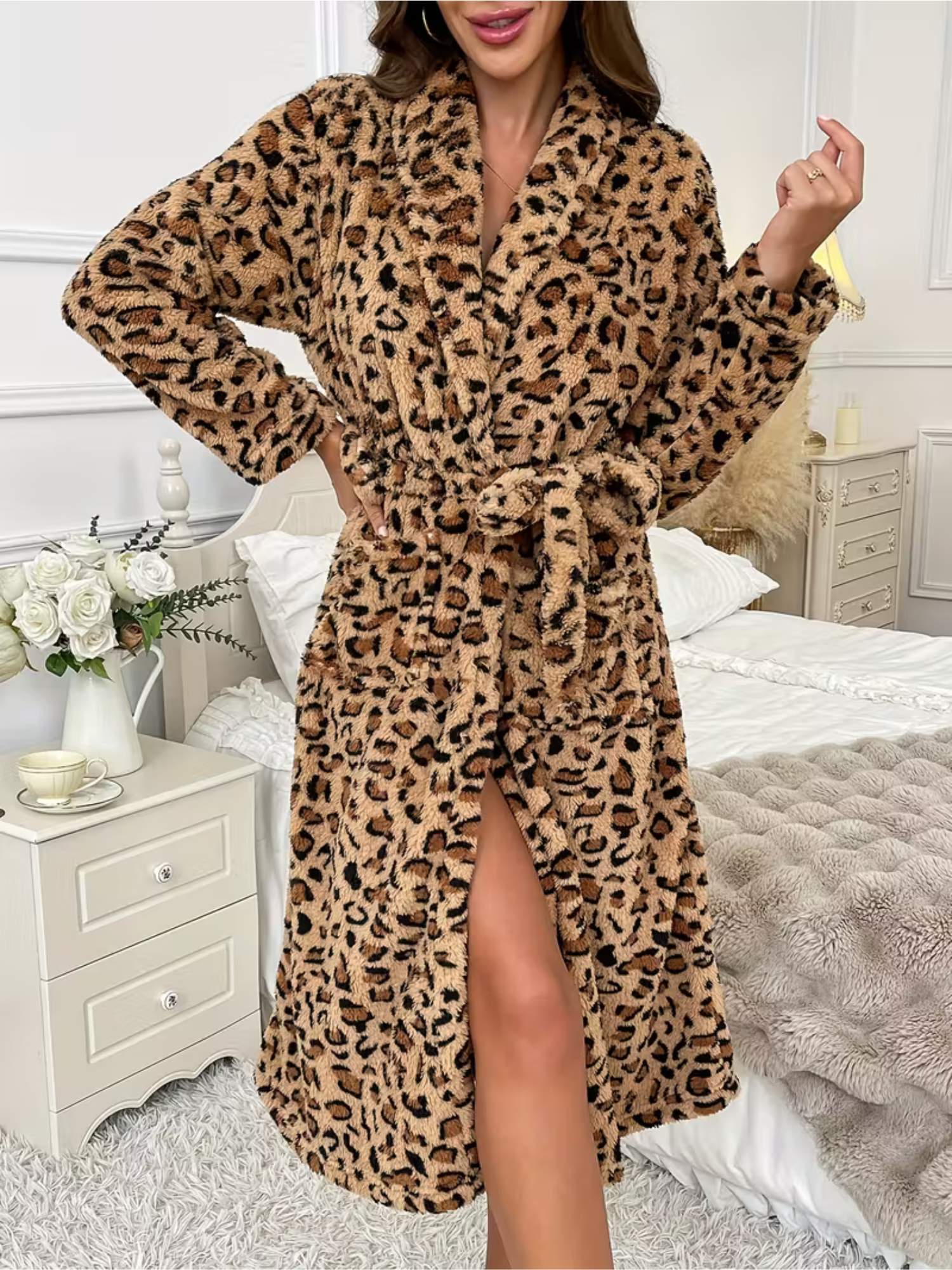 Fleececardigan med Leopardmønster – Myk og Varm | Perfekt for Hjemmekos