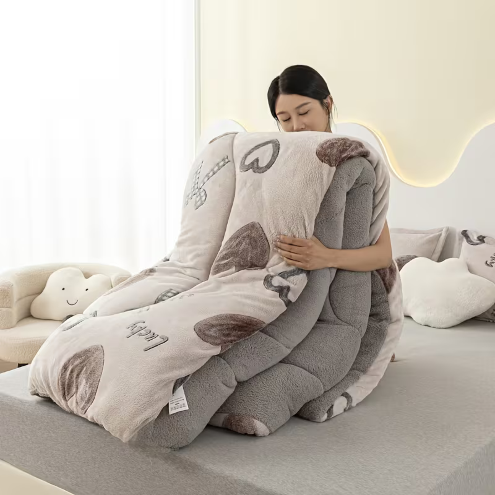 Dobbeltsidig Tofarget Fleeceteppe – Supermyk Kunstfiberfylling, Ultramyk, Med Hjerte- Og Sløyfemønster