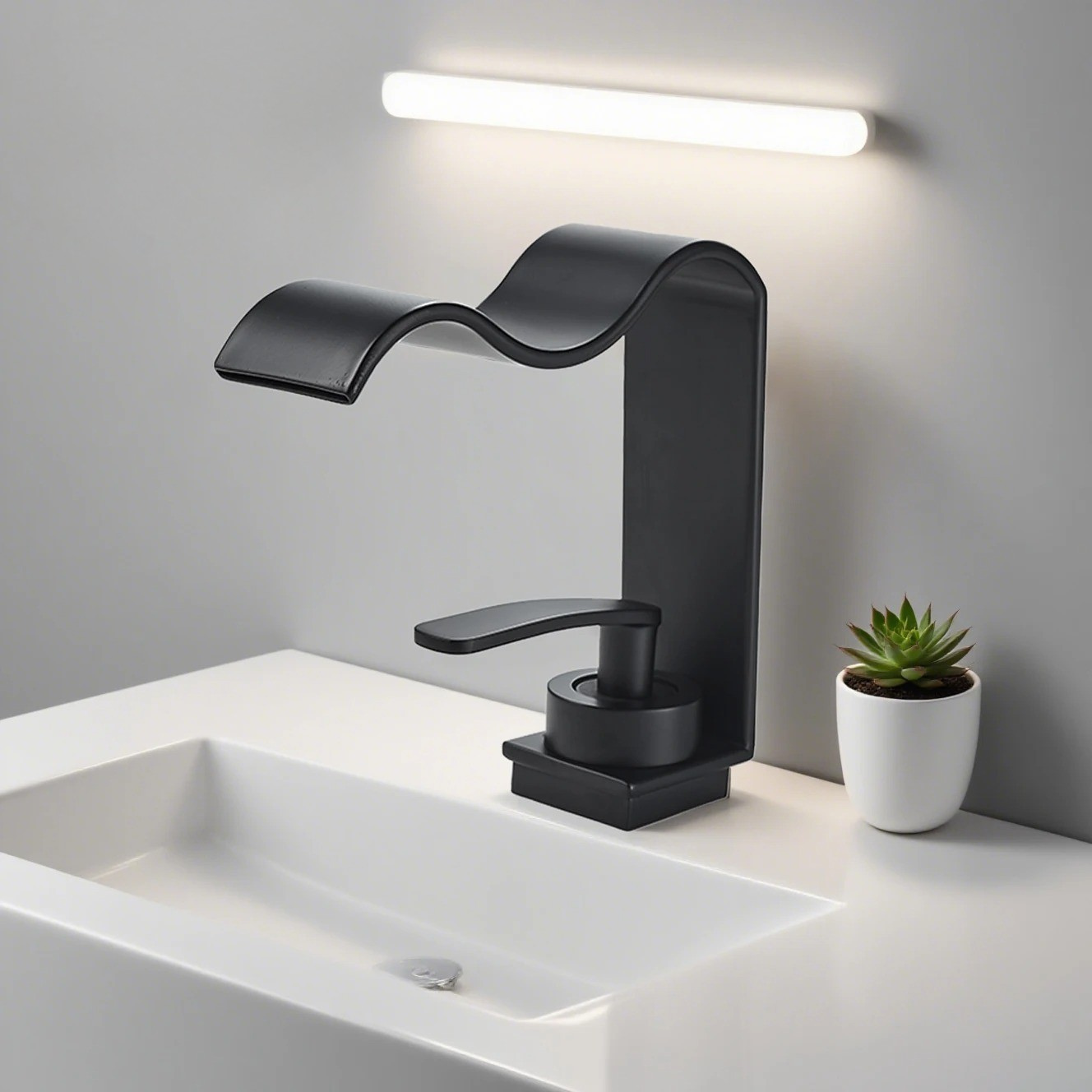 Luksuriøs Servantarmatur – Elegant Vannfall-design | Høykvalitets Baderomsarmatur I Børstet Messing - Svart / G9/16