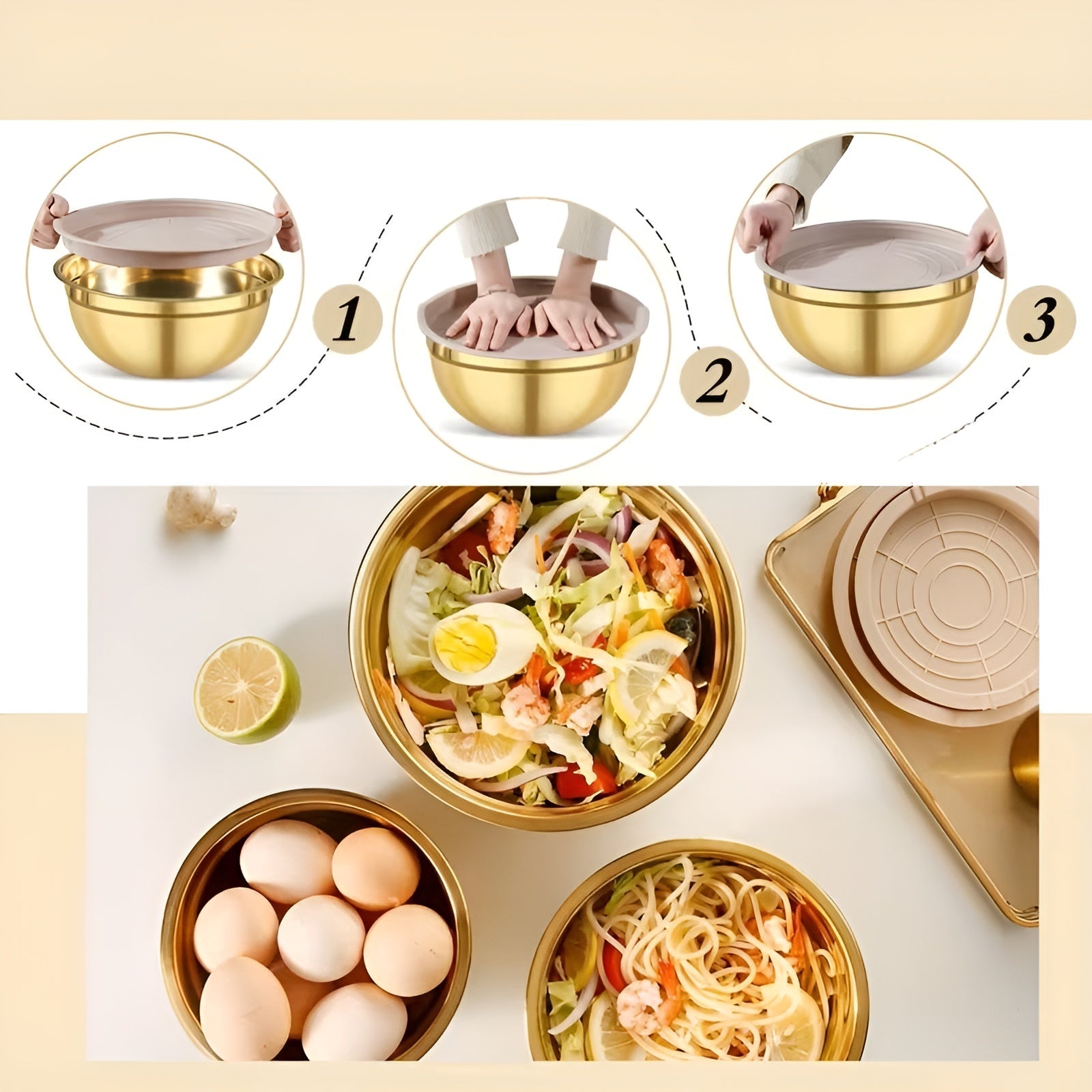 Rustfritt Stål Blandebolle-Sett – Holdbart og Praktisk | 10 Deler med Lokker og Rivjern