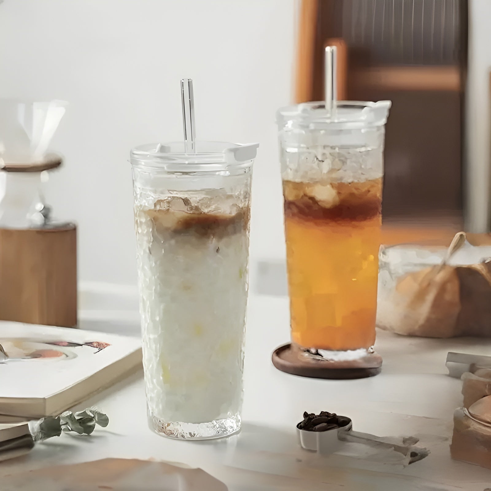 Glass med Lokk og Sugerør – Gjenbrukbare og Sklisikre | Perfekt for Kaffe, Te og Kald Drikke