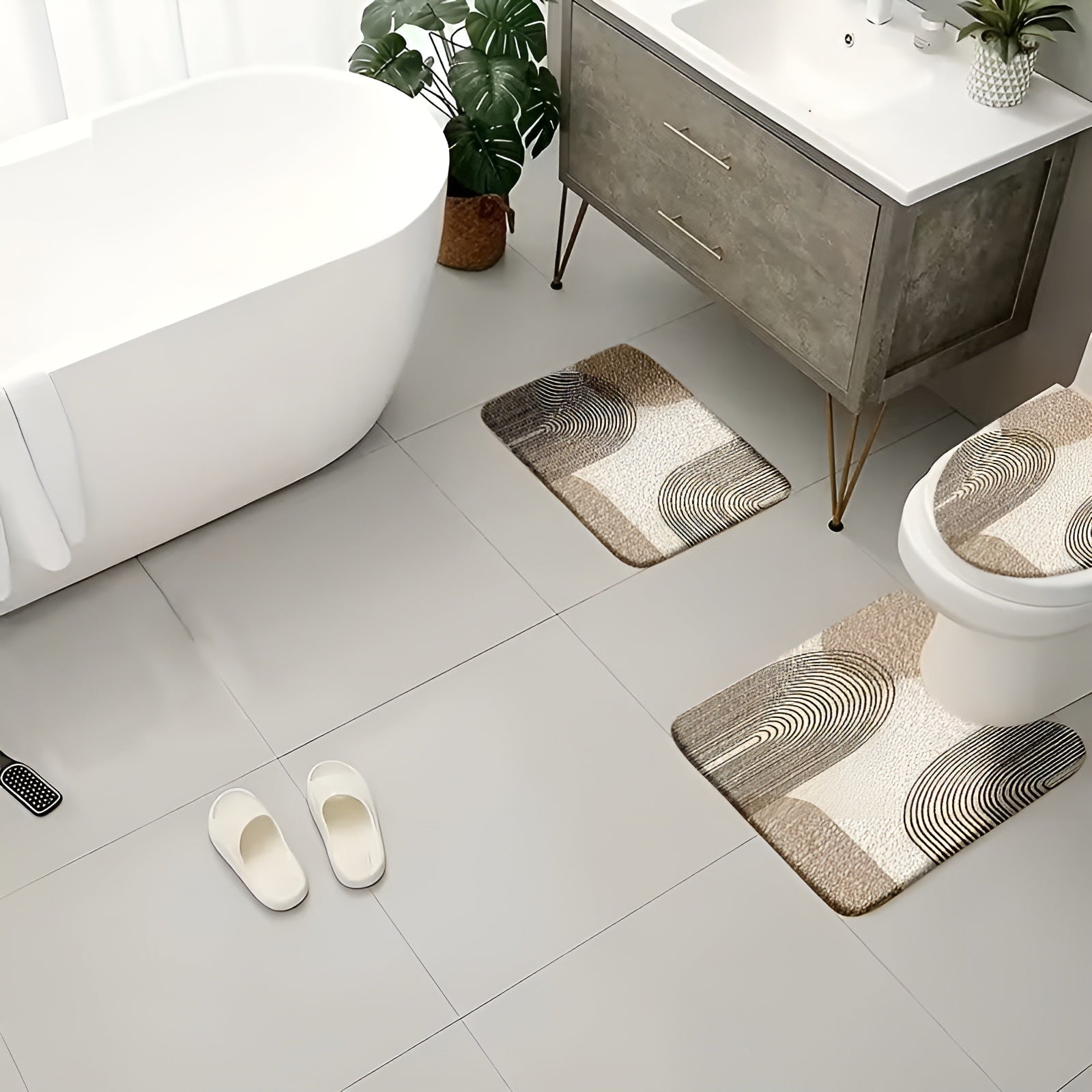 Badezimmermatten Set 4-teilig – Modern & Rutschfest | Weiche WC-Vorleger & Deckelbezug für Stilvolle Baddekoration