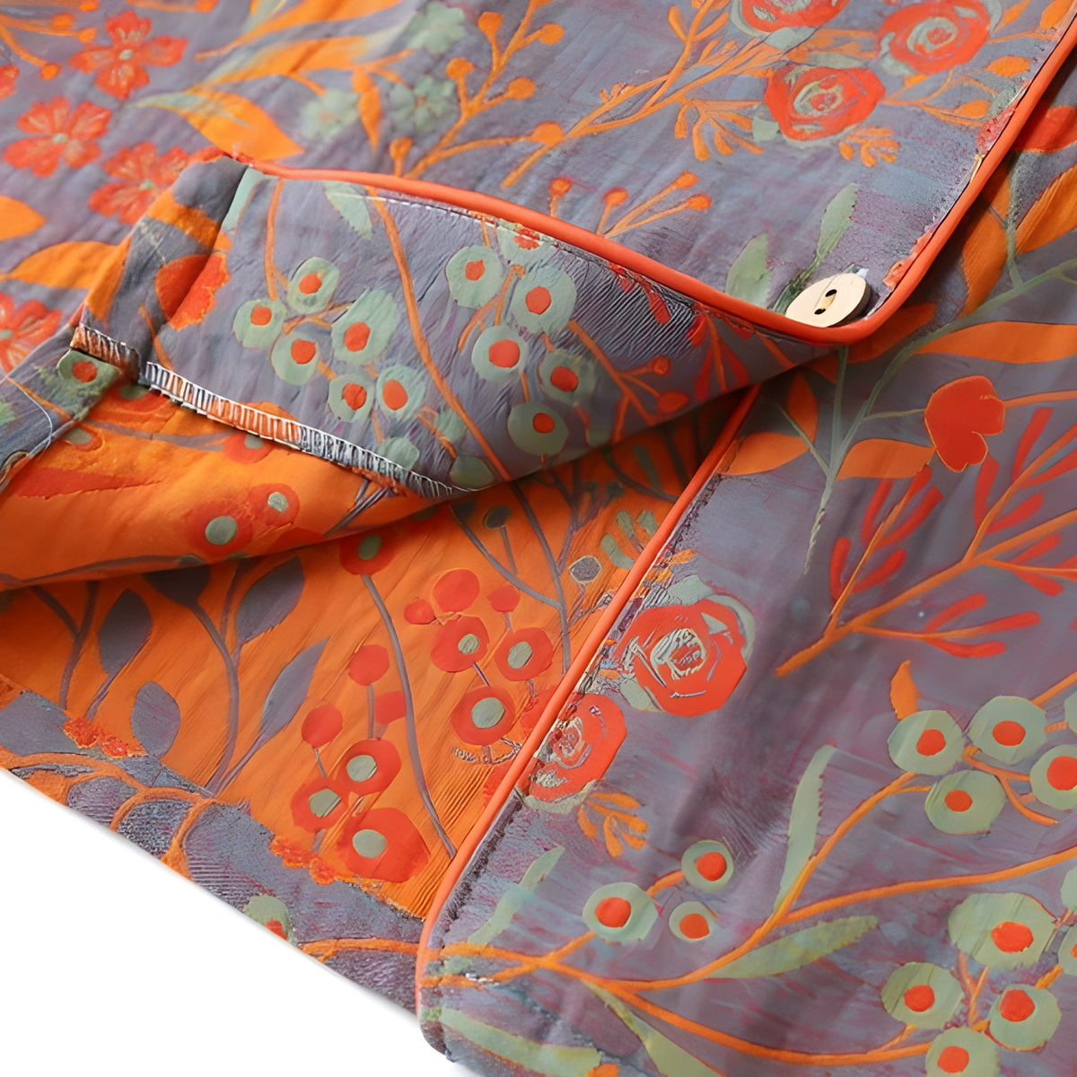 Loungewearsett i Bomull – Vintage Bladtrykk, Krage og Komfortabel Passform