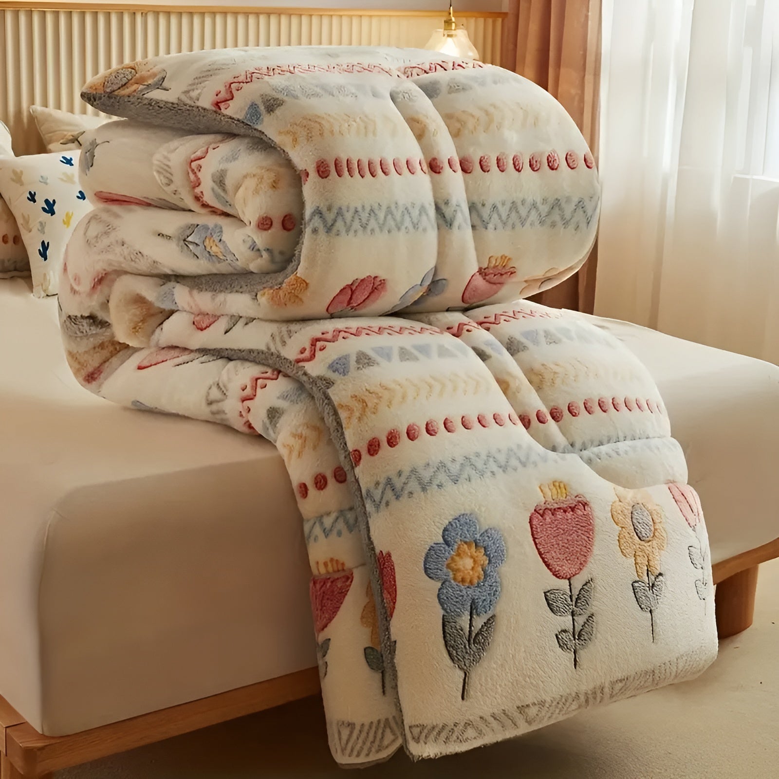 Boho Pledd i Fleece – Tykt, Mykt og Koselig | Fargerikt Blomster- og Geometrisk Mønster