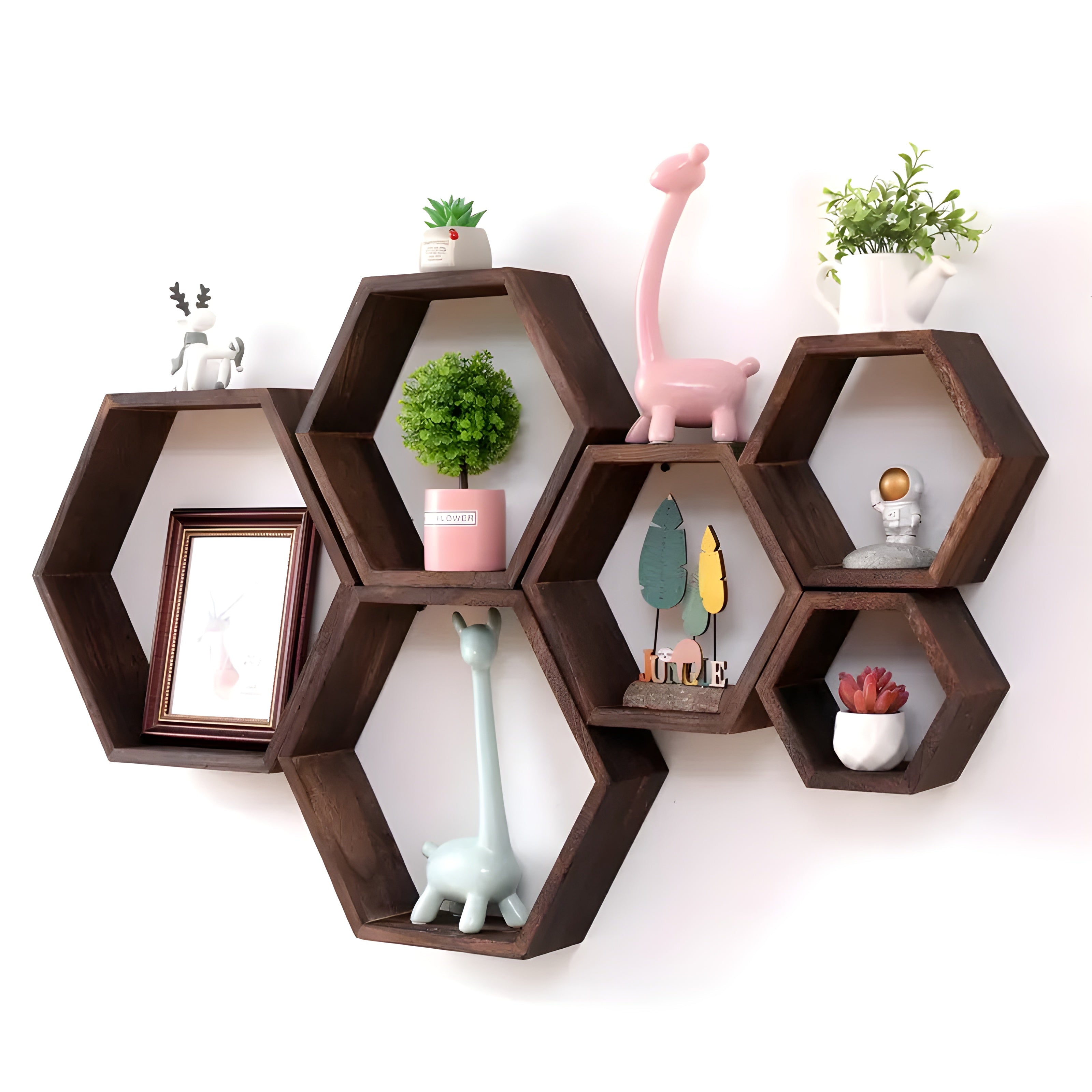 Vegghyller i Tre – Dekorativt 5-Pack i Sekskantet Design | Perfekt for Oppholdsrom