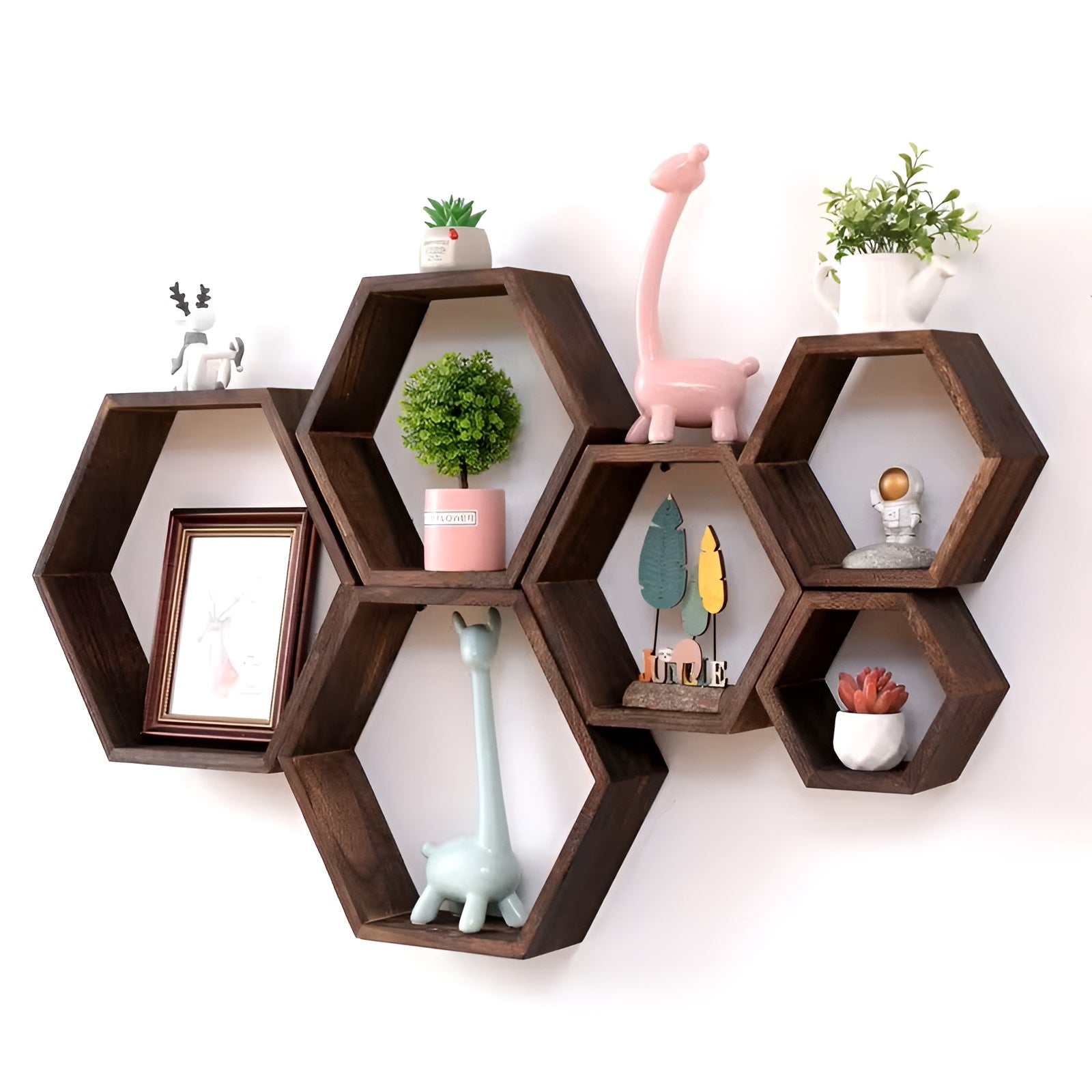 Hexagon Vegghyller (5-pk) – Dekorative og Plassbesparende | Tre, Perfekt for Stue og Soverom