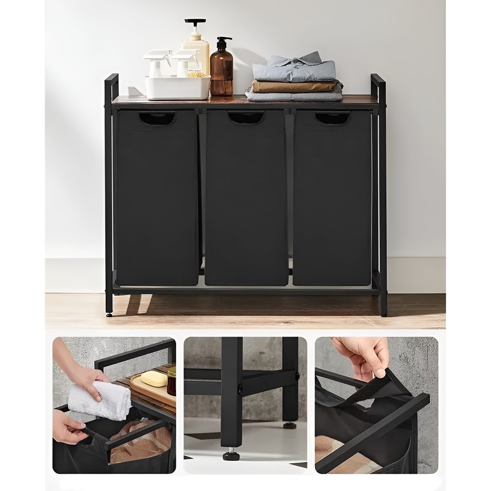 Kleskurv Med Rom – Uttrekkbar Kleskurv Med Oppbevaringsrom | Svart Metall Og Trelook I Brunt