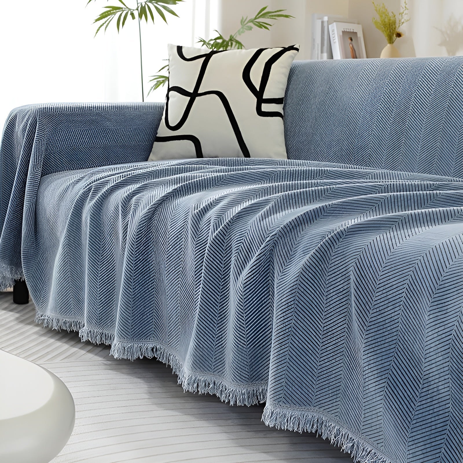 Chenille-Decke Fischgrätenmuster und Quasten – Gemütlicher Stil für das Sofa - 180*130cm / Blau - Decke