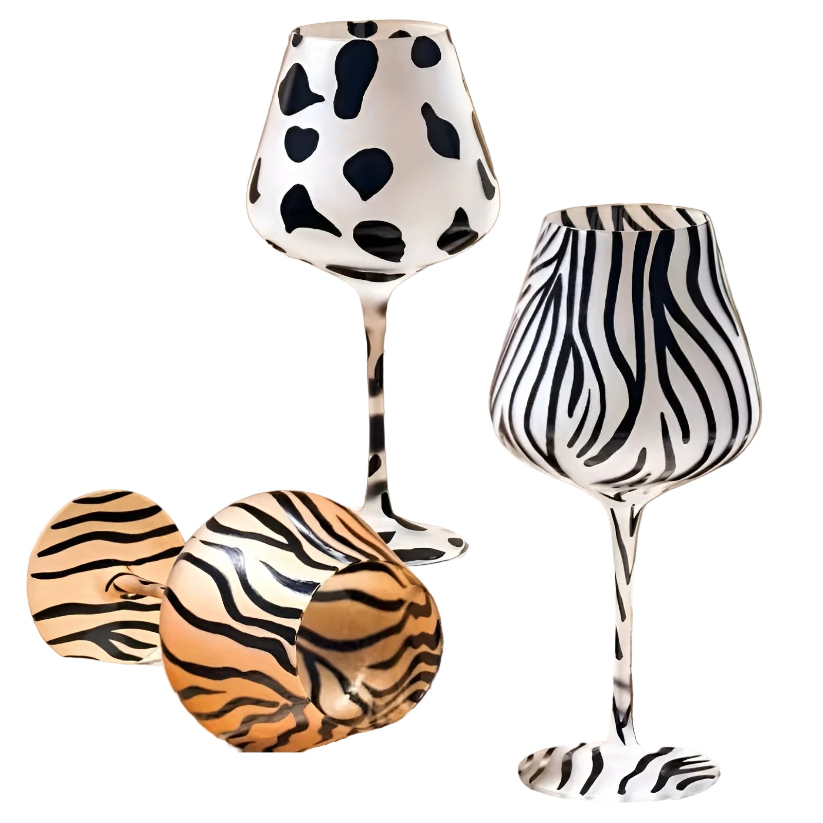 Kunstvoll handgefertigte Weingläser mit Tiermotiven – Tierdesigns mit Kühen Zebras und Leoparden | Rot- und Weißwein