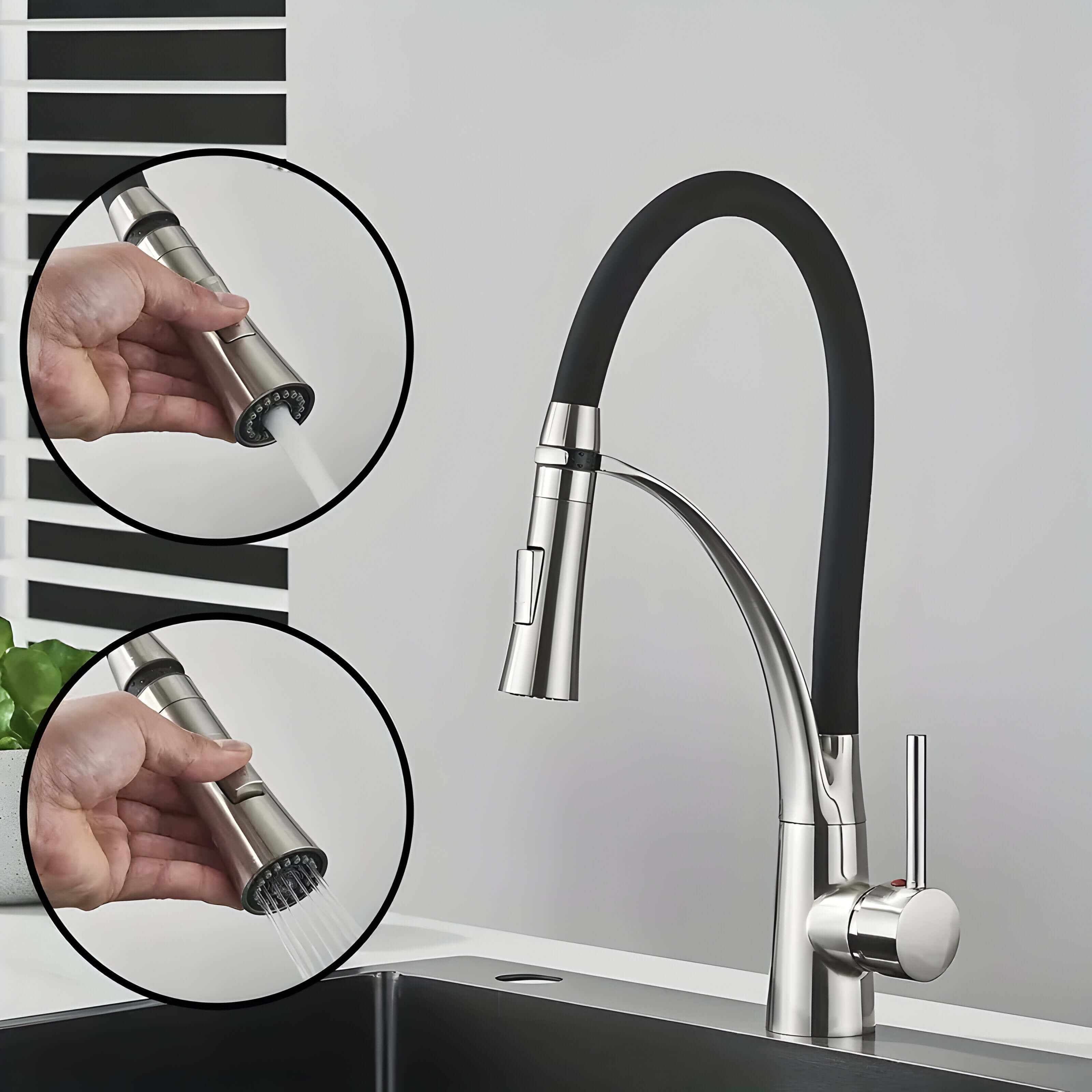 Rustfritt Stål Kran - 360° Kjøkkenkran Med Uttrekkbar Dusj Og Uttrekkbar Tut