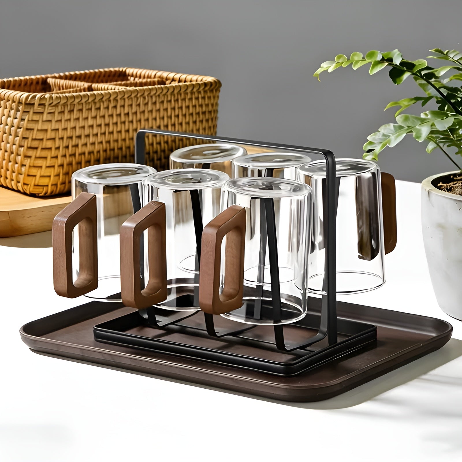 Glasskrussett med Trehåndtak – Varmebestandig og Elegant | Perfekt for Te Vann og Servering - Gjennomsiktig 6x