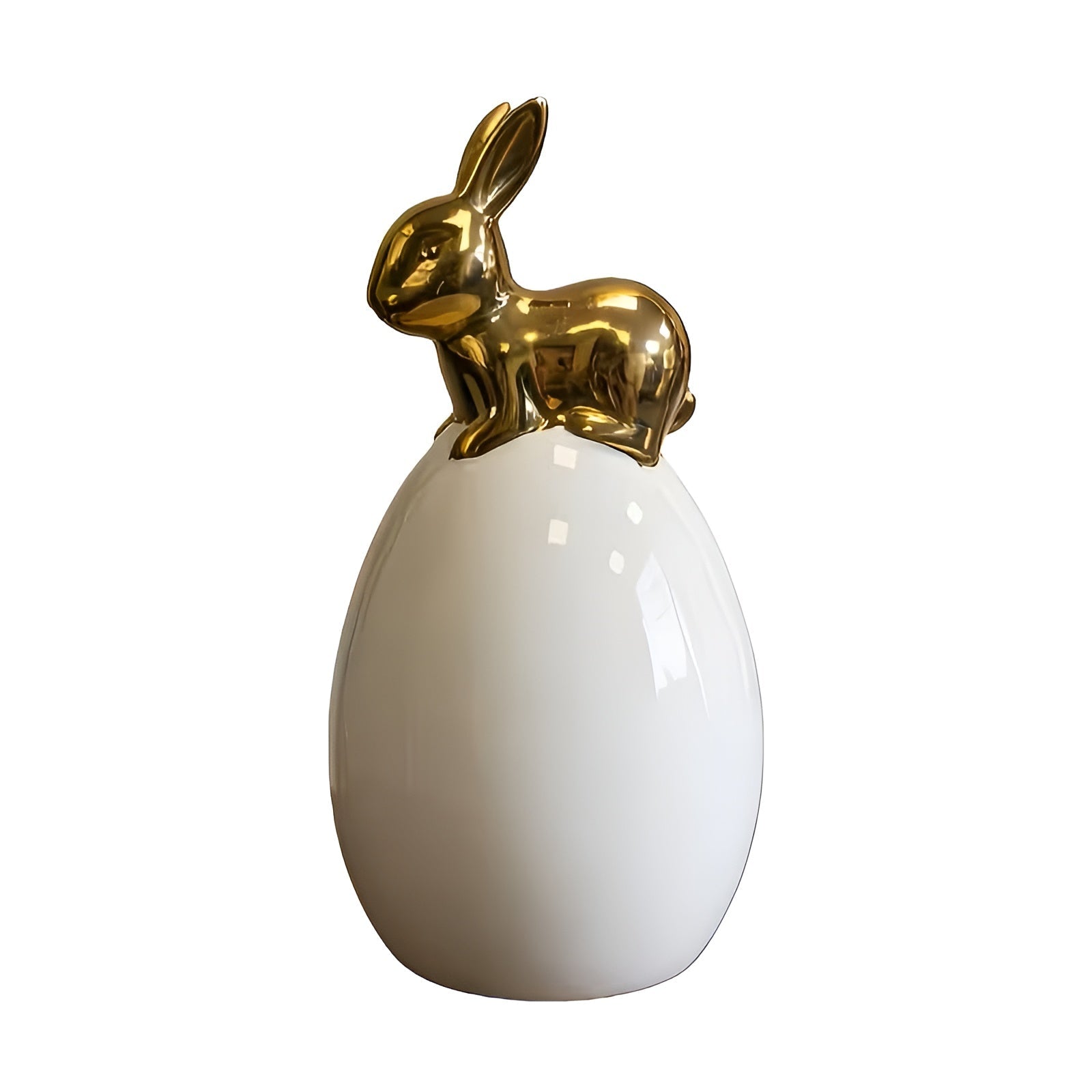 Keramisk Dekorasjonskanin I Eggform – Moderne Påskedekorasjon I Hvitt Og Gull | Elegant Borddekorasjon For Stuen