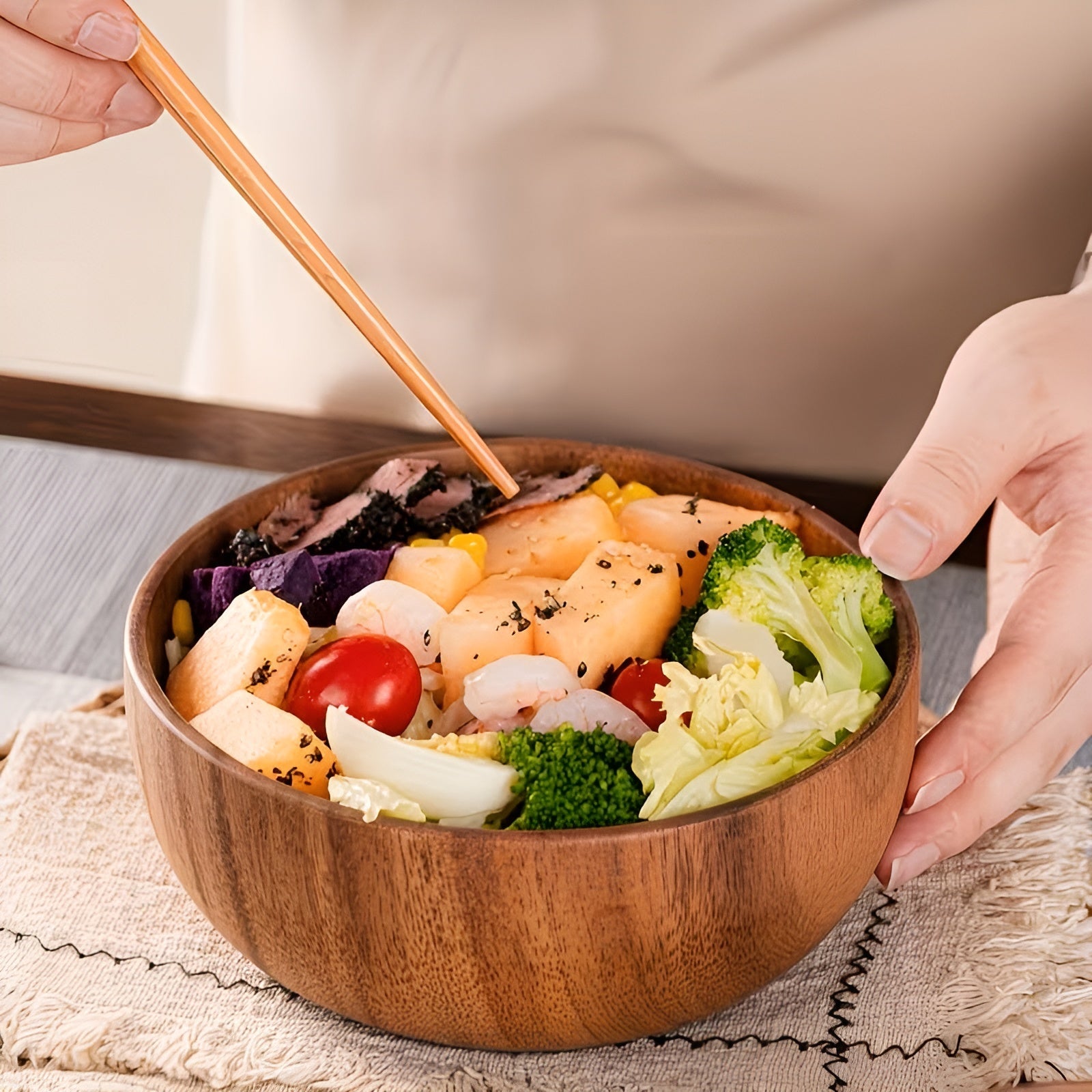 Serveringsskåler i Tre – Håndlagde og Gjenbrukbare | Sett med 4, Perfekt til Salat, Suppe og Ramen