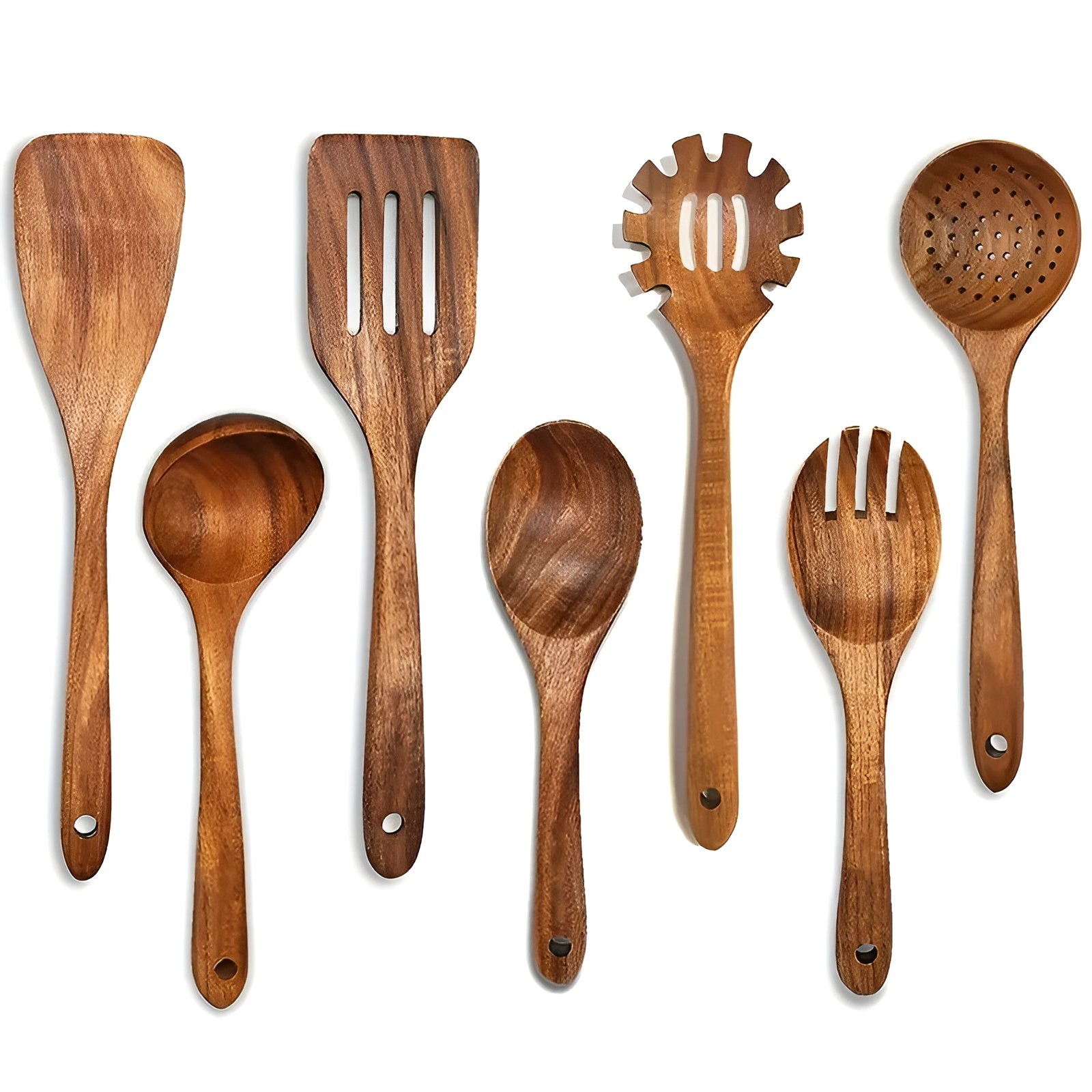 Kjøkkenredskaper i Tre – Skånsomme og Varmebestandige | 7 Deler Perfekt for Stekepanner og Salater