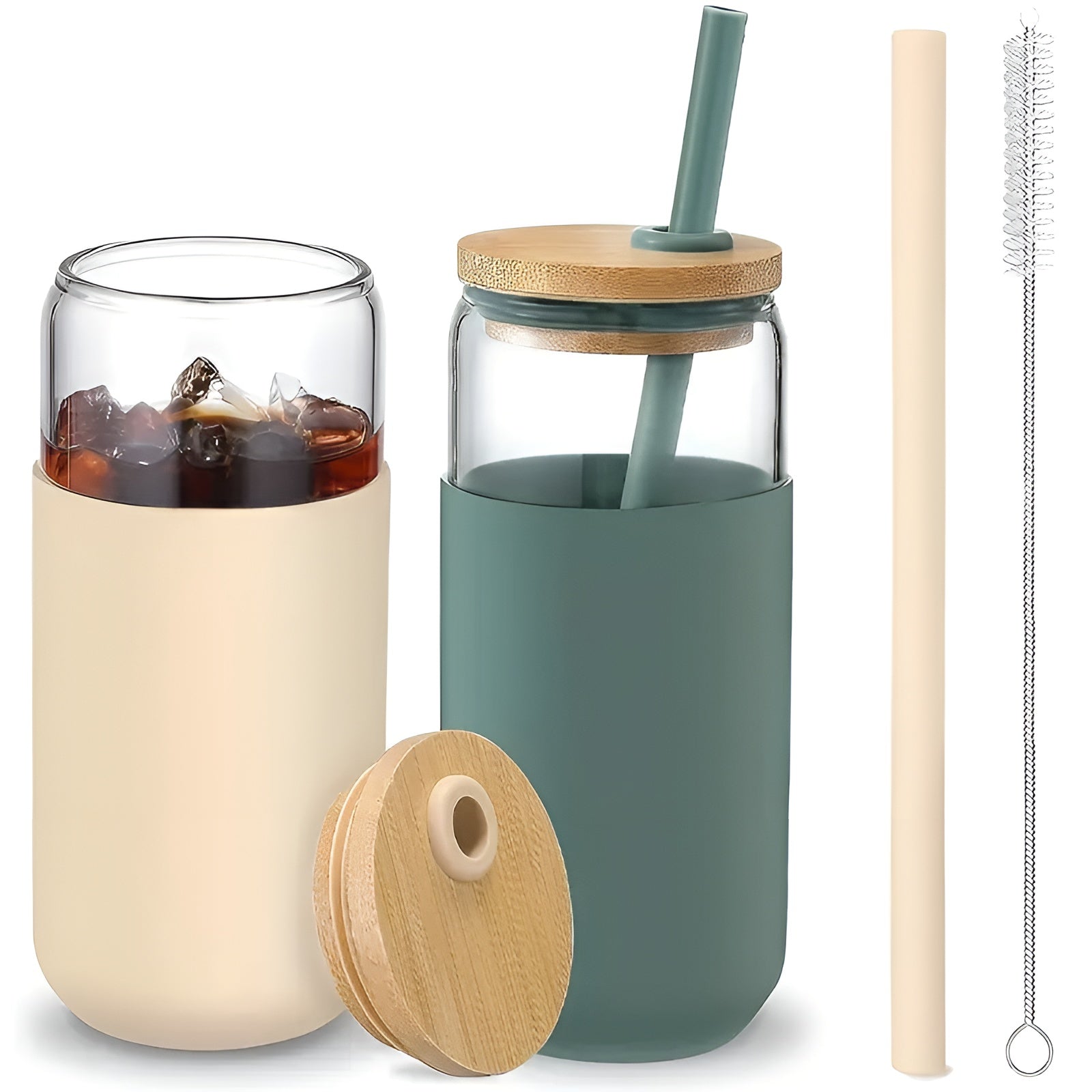 Drikkeglass Med Sugerør – 2-delers Sett Med Trelokk Og Silikonholder | Perfekt Til Kaffe, Juice Og Smoothies