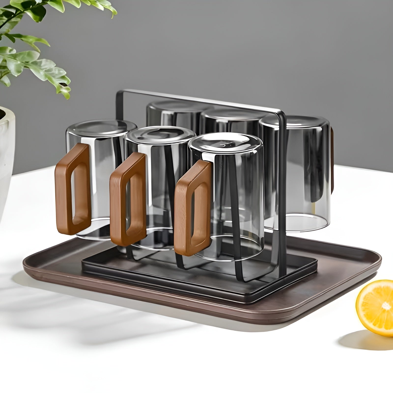 Glasskrussett med Trehåndtak – Varmebestandig og Elegant | Perfekt for Te Vann og Servering - Røykgrå 6x + Drikkeholder