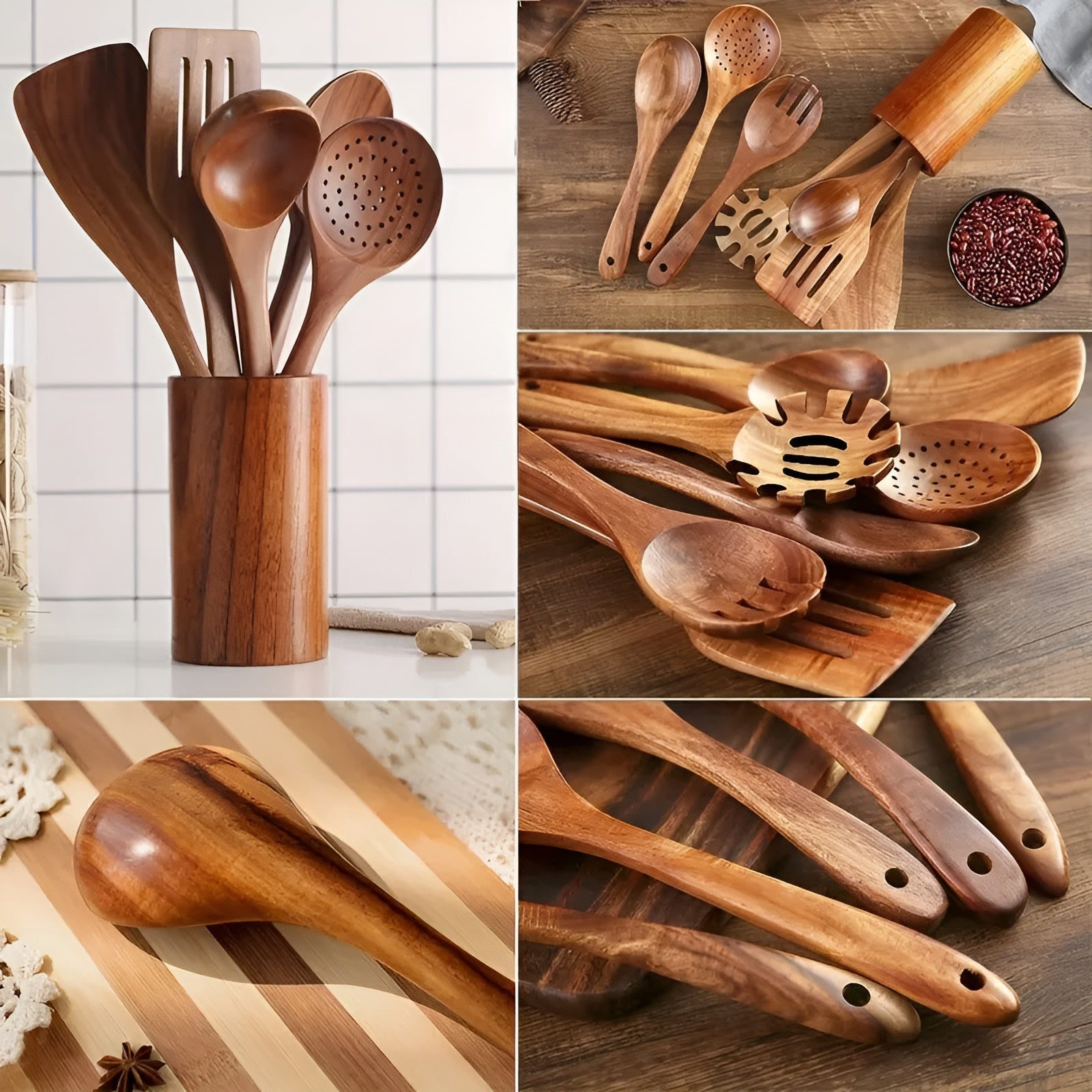 Kjøkkenredskaper i Tre – Skånsomme og Varmebestandige | 7 Deler Perfekt for Stekepanner og Salater