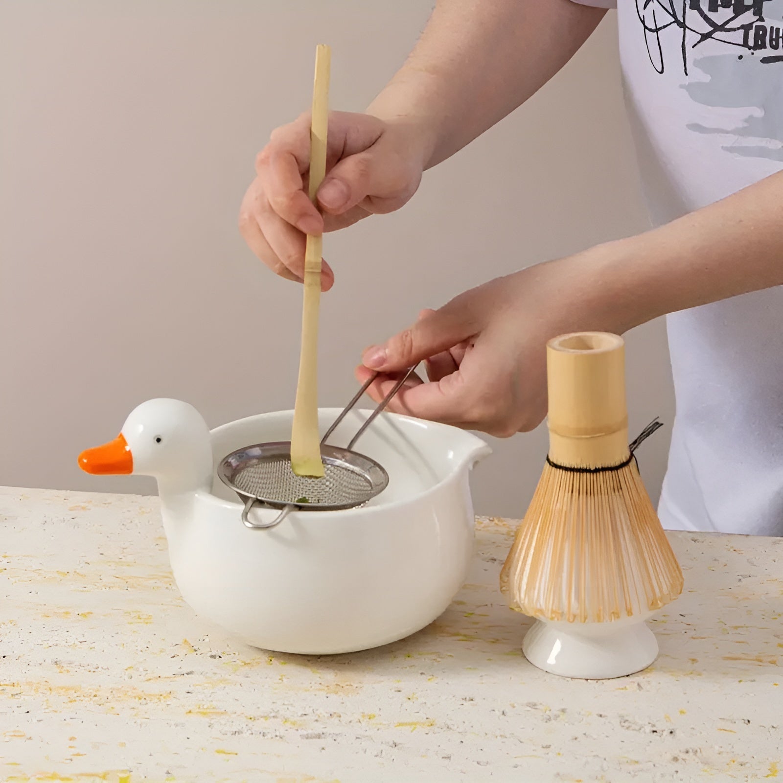 Matcha-sett med Andemotiv – Komplett med Skål, Visp og Sil | Perfekt som Gave