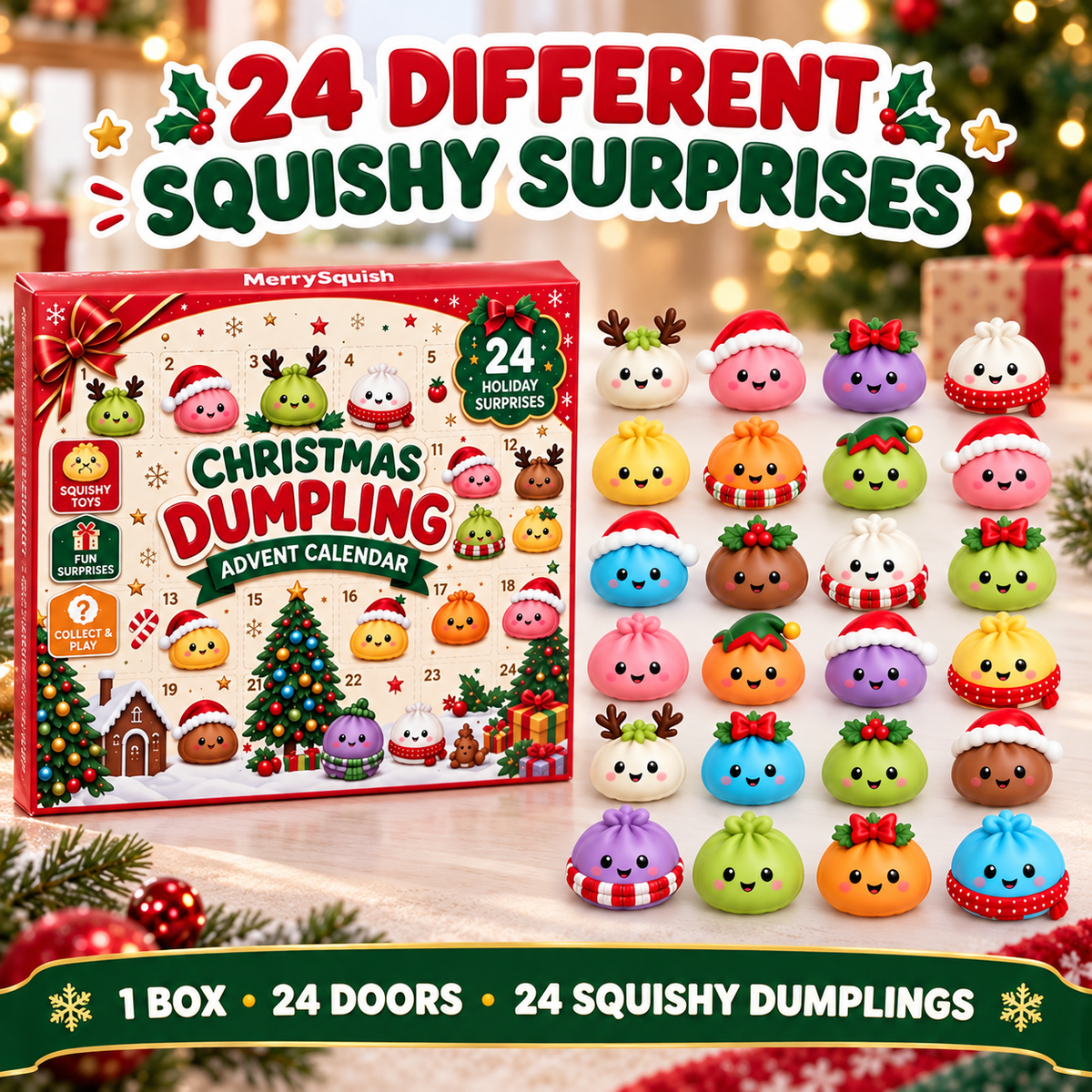 Julekalender med 24 myke dumpling squishy-figurer i juletema