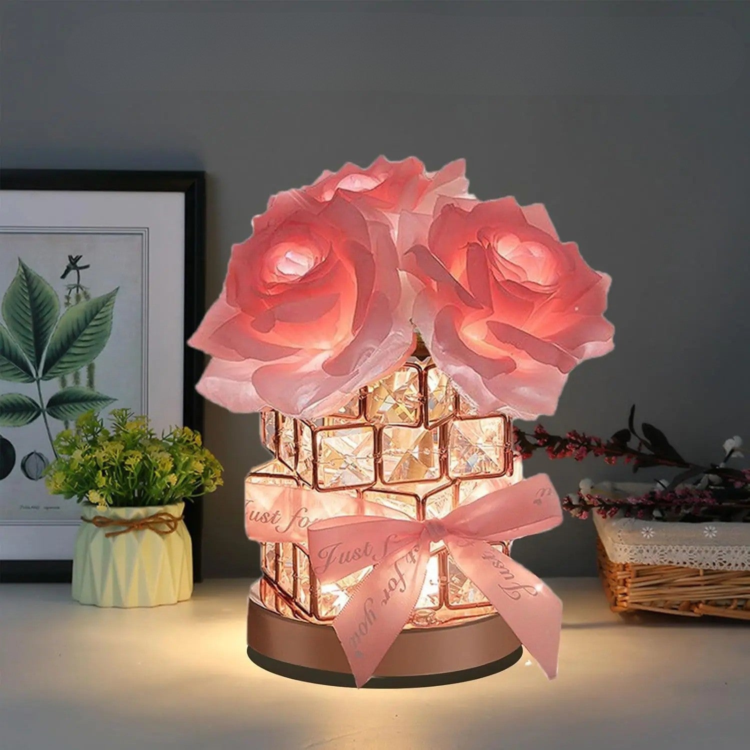 Krystallbordlampe med Rose – Dimmbar og Dekorativ | Stemningslys for Soverom og Stue