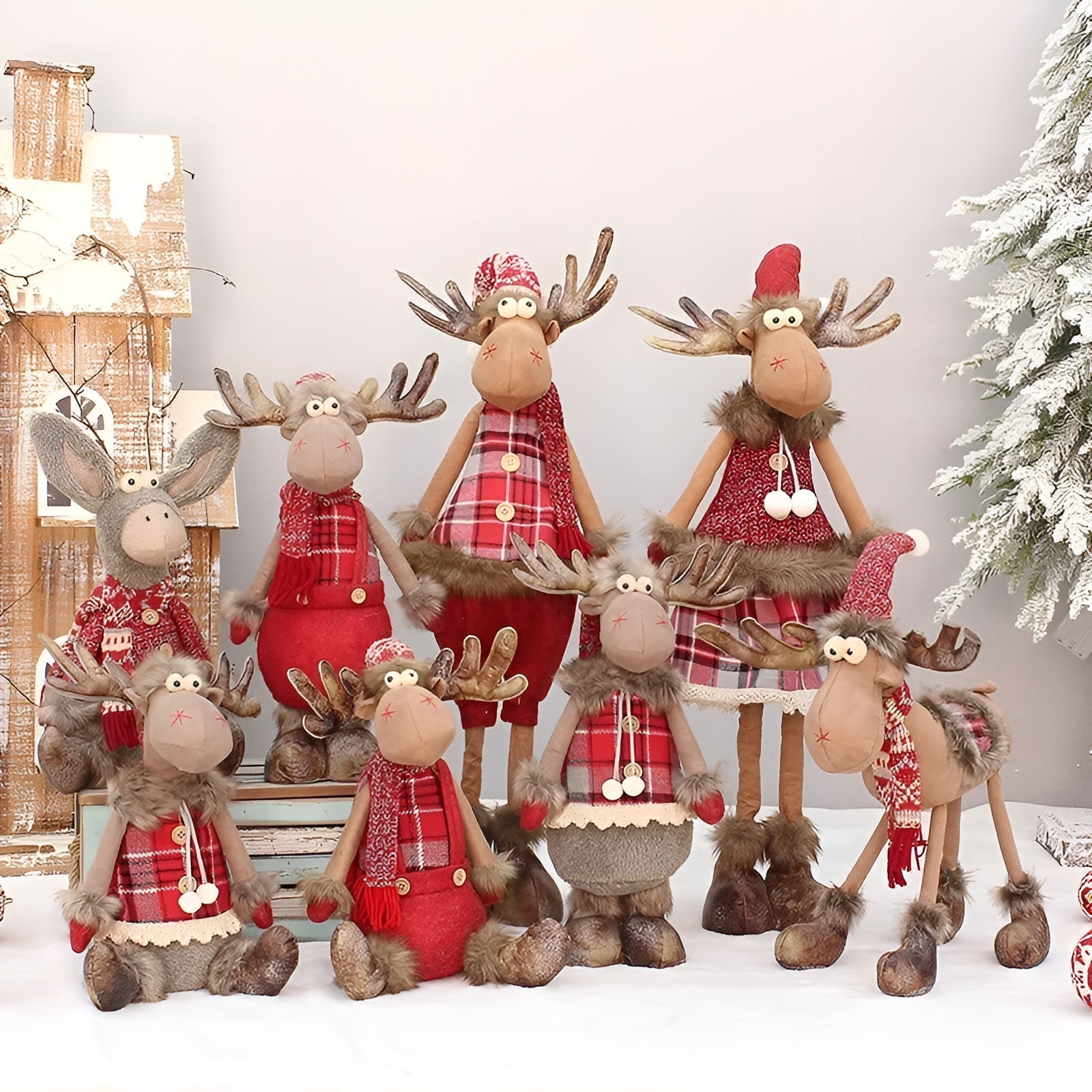 Juleelg Dekorfigur – Søt og Koselig Stoffreinsdyr | Justerbar til å Sitte eller Stå