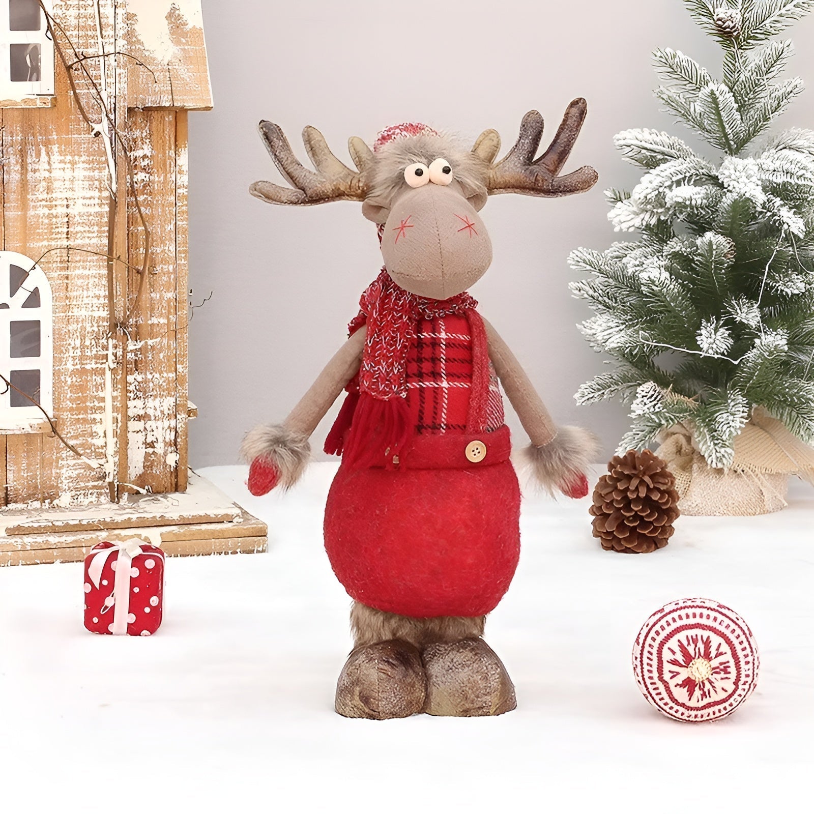 Juleelg Dekorfigur – Søt og Koselig Stoffreinsdyr | Justerbar til å Sitte eller Stå