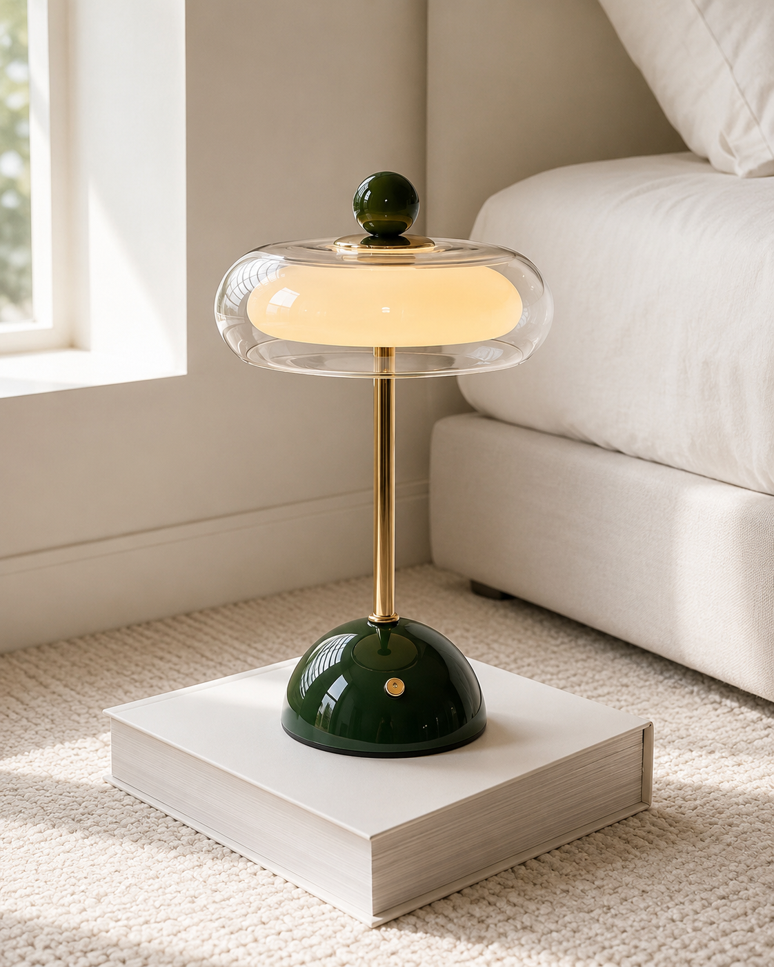 Oppladbar bordlampe plassert på bokhylle som dekorativt element