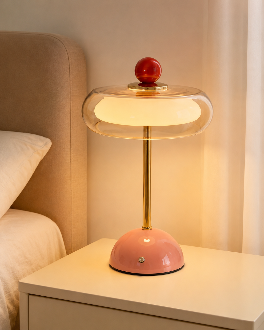 Glassbordlampe i bruk på spisebord under middag