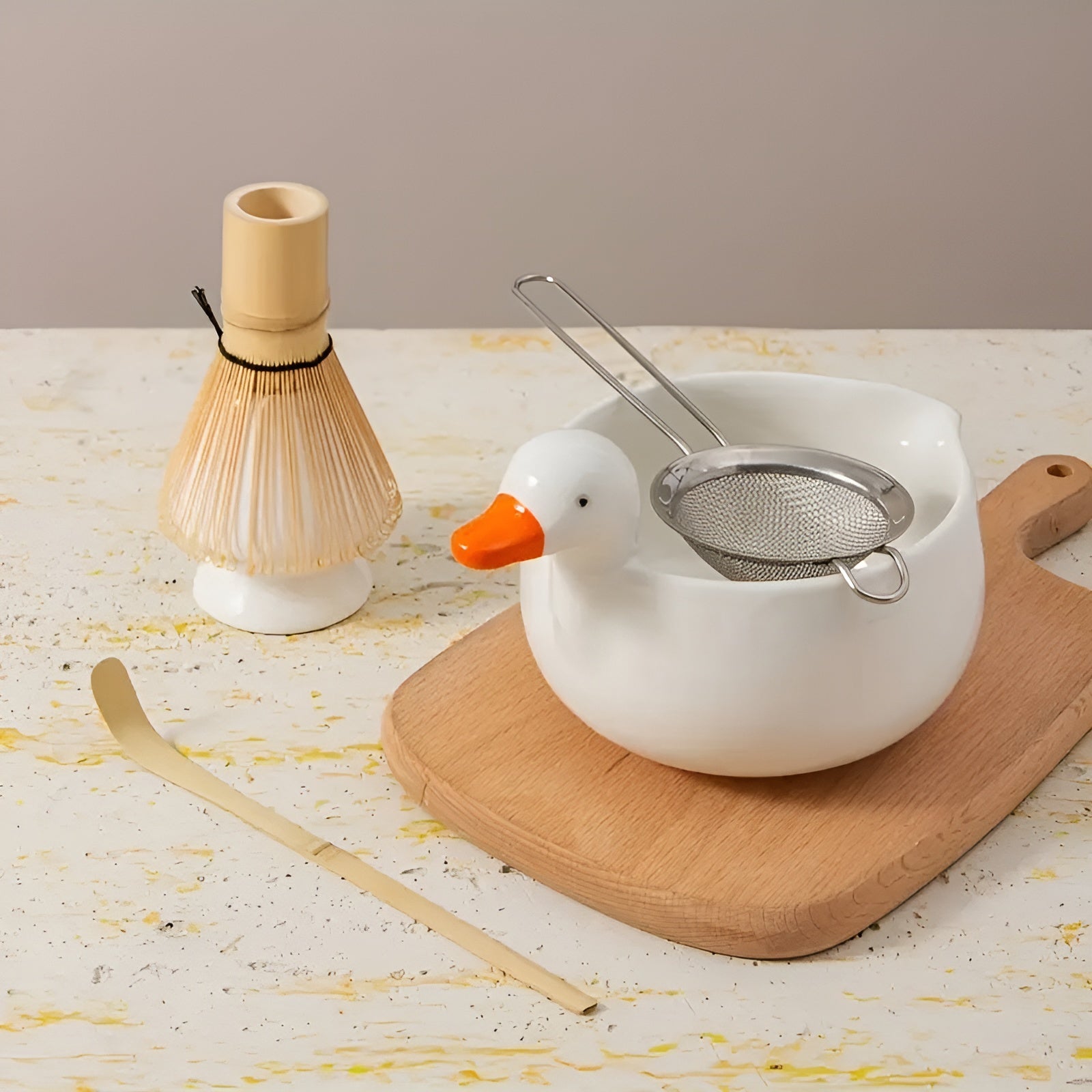 Matcha-sett med Andemotiv – Komplett med Skål, Visp og Sil | Perfekt som Gave