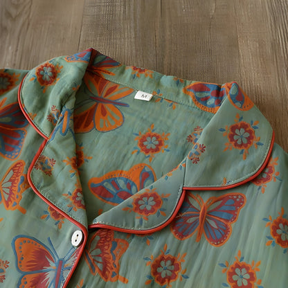 Loungewearsett med Sommerfugltrykk – Vintage Stil, Bomull
