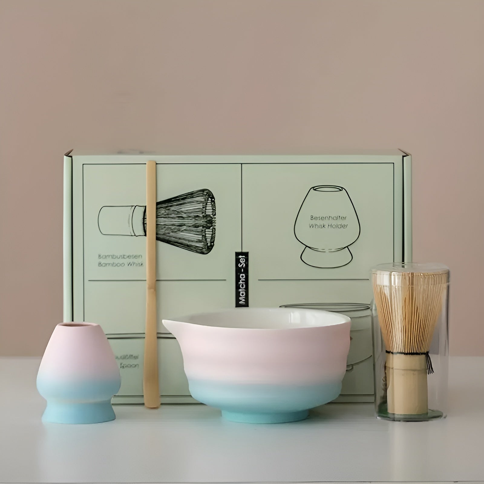 Matcha te-sett i keramikk – 4 deler med bolle og skje | Perfekt som gave og til te-seremonier
