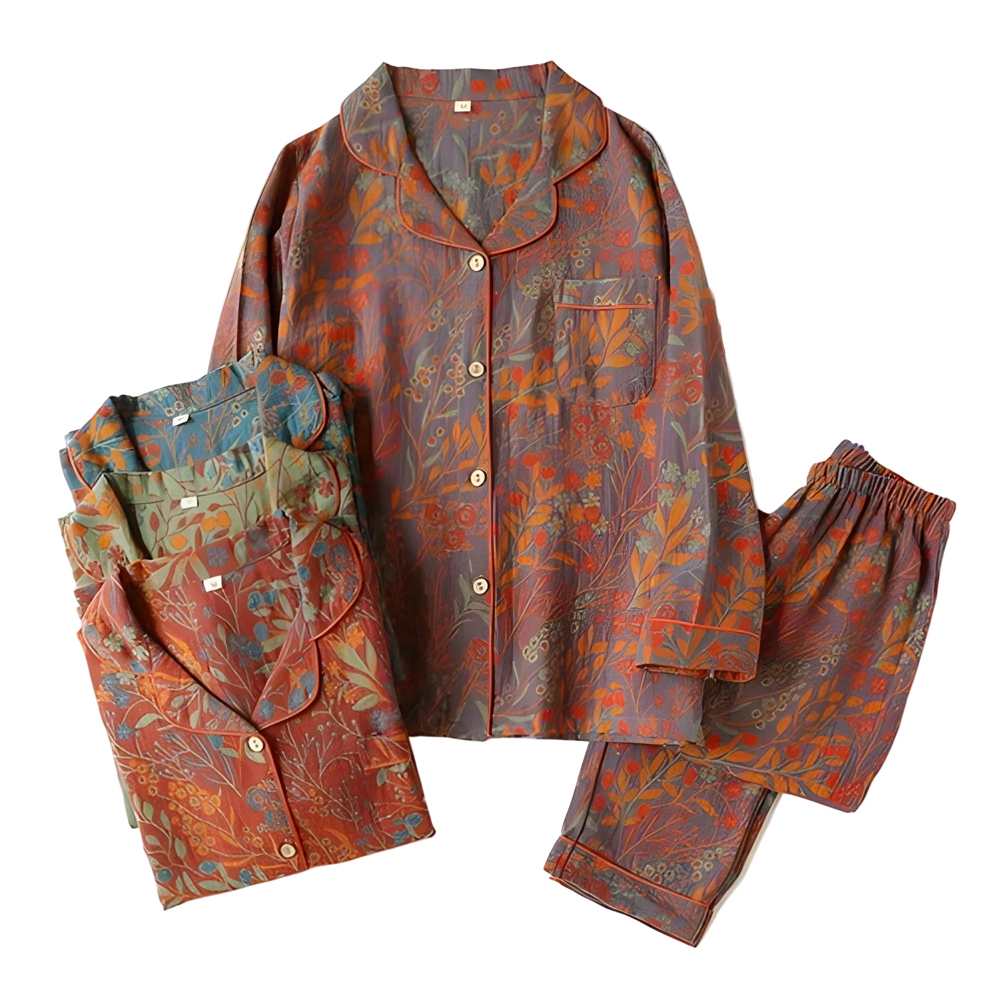 Loungewearsett i Bomull – Vintage Bladtrykk, Krage og Komfortabel Passform