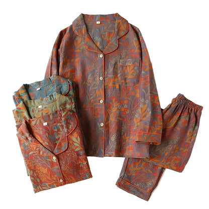 Loungewearsett i Bomull – Vintage Bladtrykk, Krage og Komfortabel Passform