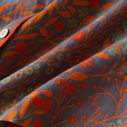 Loungewearsett i Bomull – Vintage Bladtrykk, Krage og Komfortabel Passform