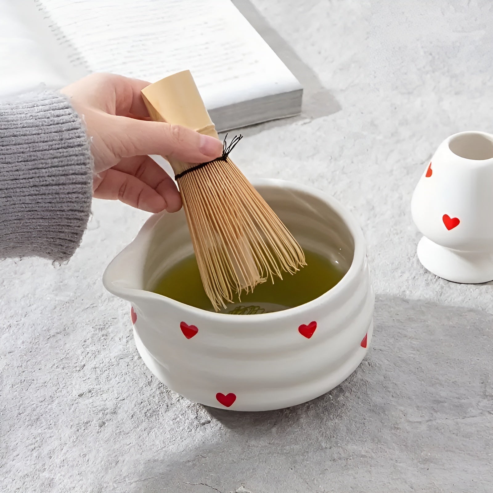Matcha-sett Med Hjertedesign - 1/3/4/5-delt Tut Og Bambusvisp | Ideell For Hjemmebruk