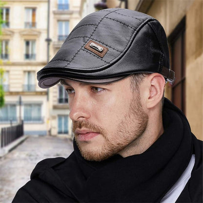 Retroinspirert skinnlue til herre i svart – flat cap sett forfra