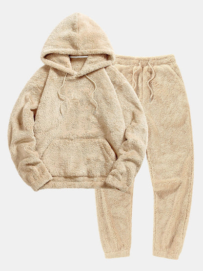Todelt teddy loungeset for damer i beige – hettegenser og joggebukse