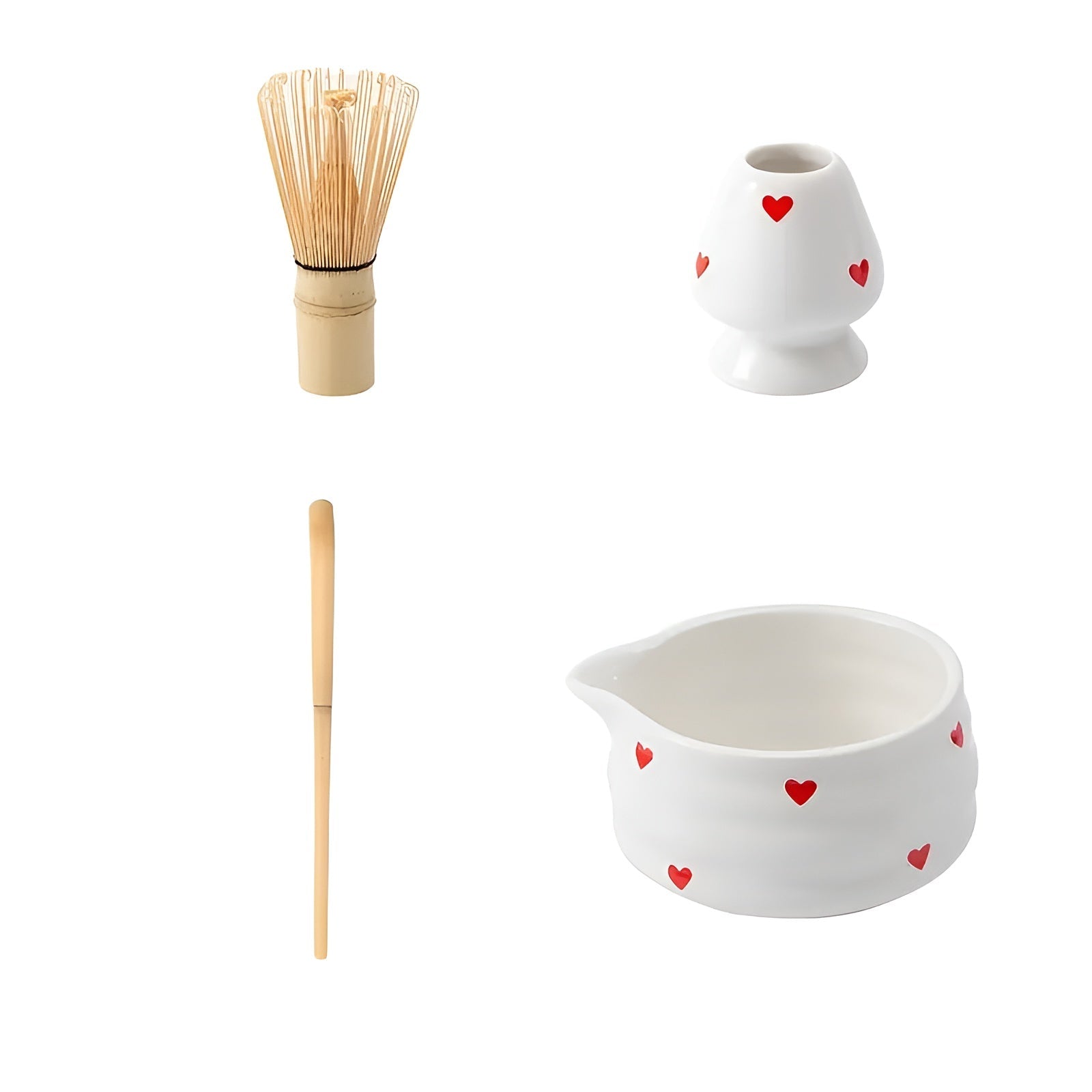 Matcha-sett Med Hjertedesign - 1/3/4/5-delt Tut Og Bambusvisp | Ideell For Hjemmebruk