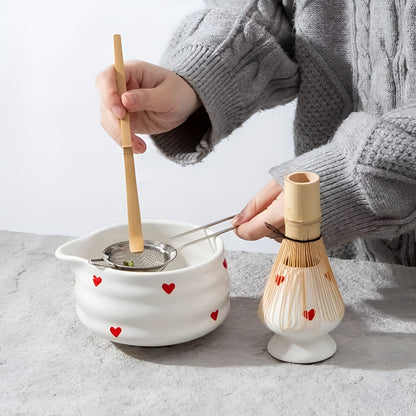 Matcha-sett Med Hjertedesign - 1/3/4/5-delt Tut Og Bambusvisp | Ideell For Hjemmebruk