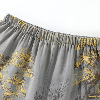 Kimono Inspirert Pysjamassett – Nøytralt Landskapstrykk, Bomull