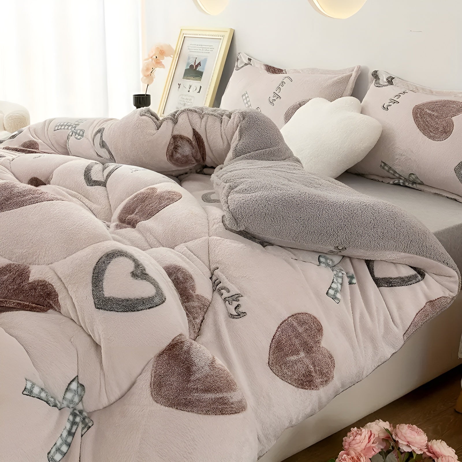 Vattert Fleece-teppe med Hjerte-mønster – Mykt og Varmt | Perfekt for Soverom og Gjesterom