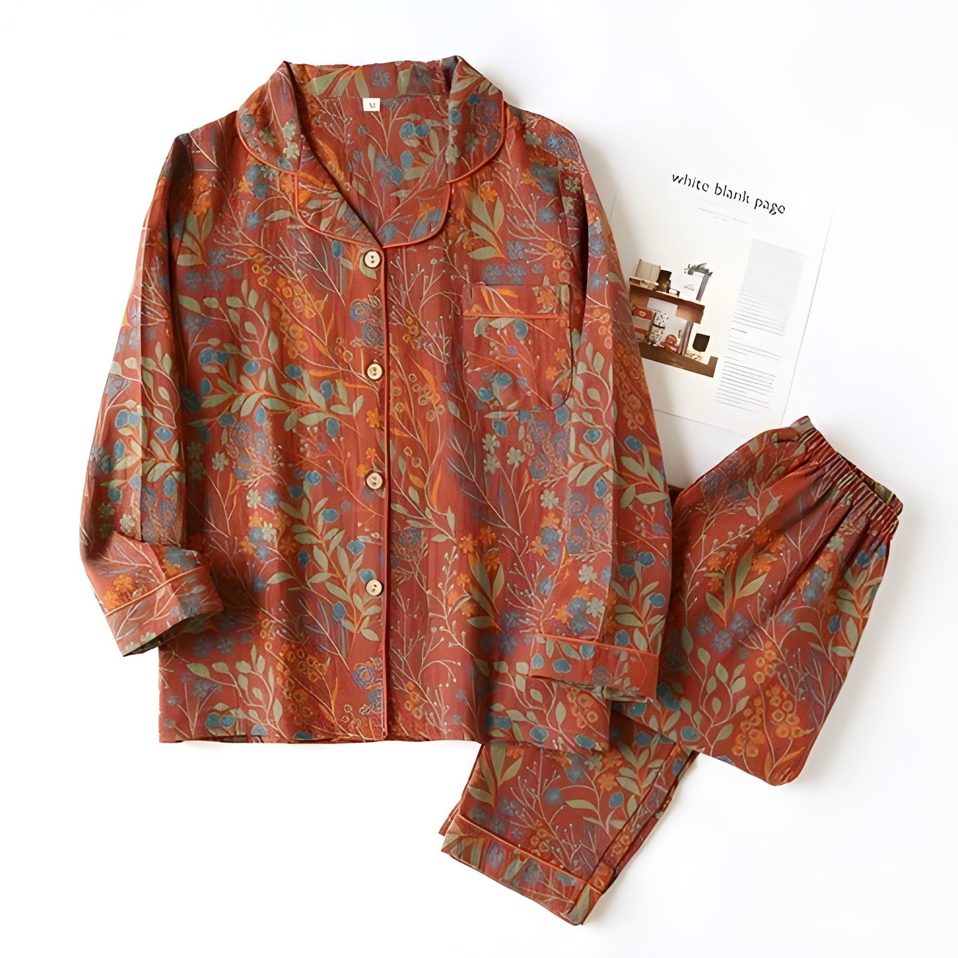 Loungewearsett i Bomull – Vintage Bladtrykk, Krage og Komfortabel Passform