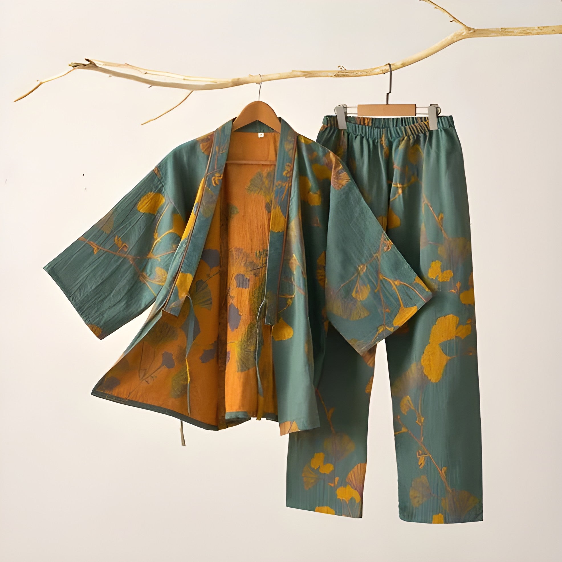 Ginkgo-blad Kimono-pysjamas – Stort Bladtrykk, Ren Bomull