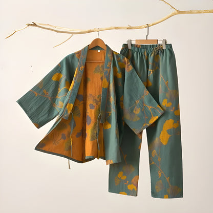 Ginkgo-blad Kimono-pysjamas – Stort Bladtrykk, Ren Bomull