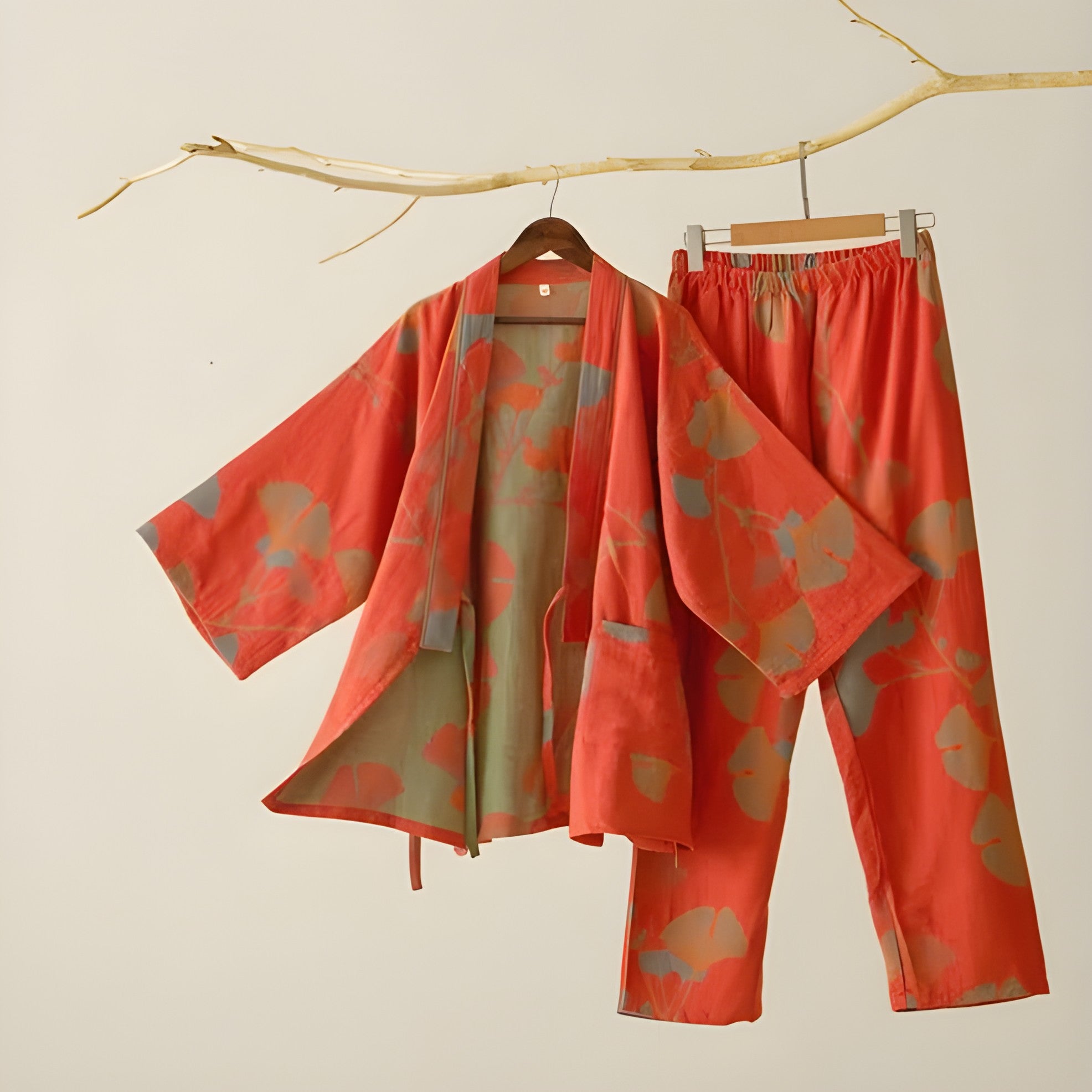 Ginkgo-blad Kimono-pysjamas – Stort Bladtrykk, Ren Bomull