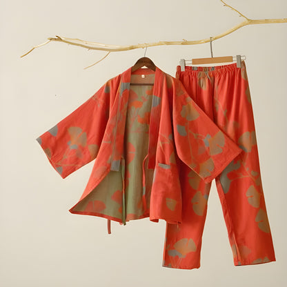 Ginkgo-blad Kimono-pysjamas – Stort Bladtrykk, Ren Bomull