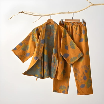 Ginkgo-blad Kimono-pysjamas – Stort Bladtrykk, Ren Bomull