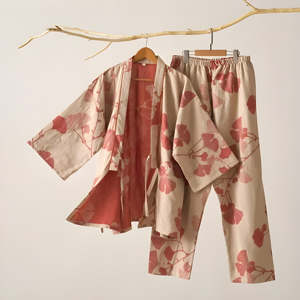 Ginkgo-blad Kimono-pysjamas – Stort Bladtrykk, Ren Bomull